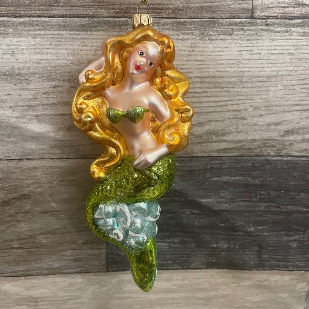 Blown glass SUMMIT Mermaid Glass Ornament Gold Hair Green Tail 12484